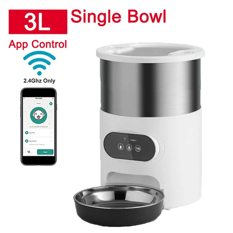 Smart App-Controlled Stainless Steel Cat and Dog Feeder - Automatic Double Meal Dispenser for Remote Feeding