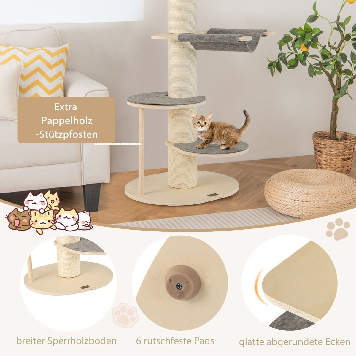 120 cm Wooden Cat Tree with Hammock, 3 Platforms, and Sisal Carpet in Grey