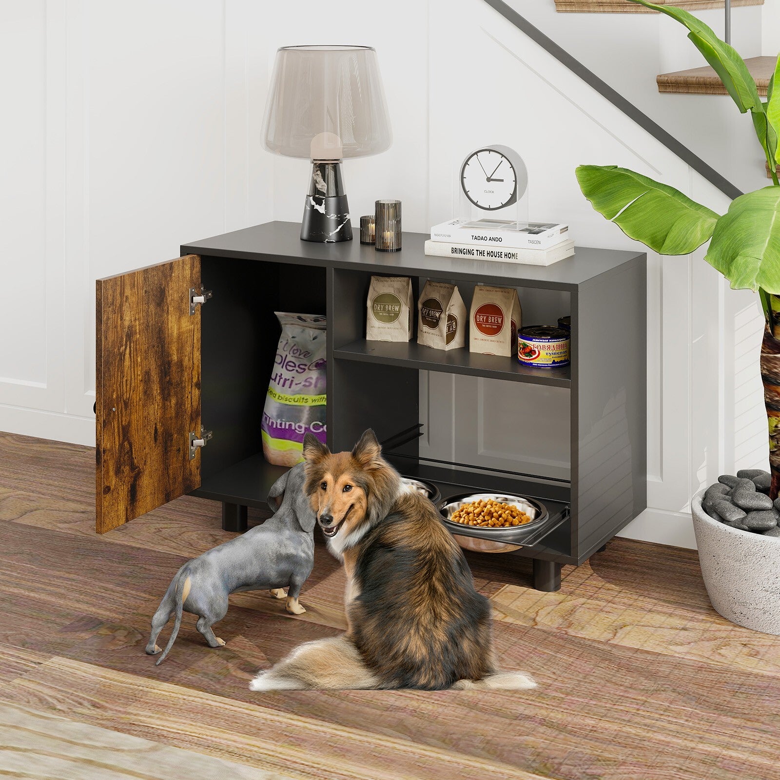 Futterstation mit zwei Edelstahlnäpfen für Hundefutter und -wasser