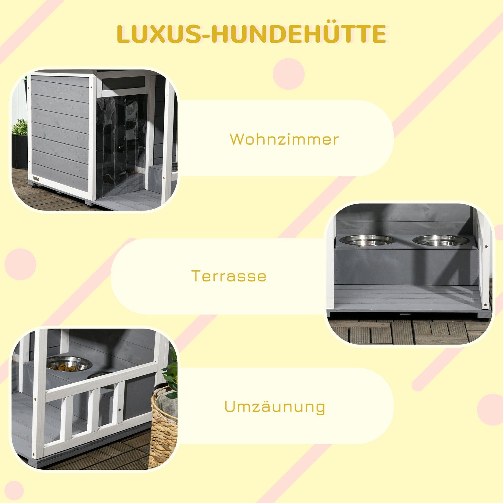 Pawhut Tannenholz-Hundehütte mit zwei Fressnapf-Schalen für Kleintiere, optimal für den Außenbereich