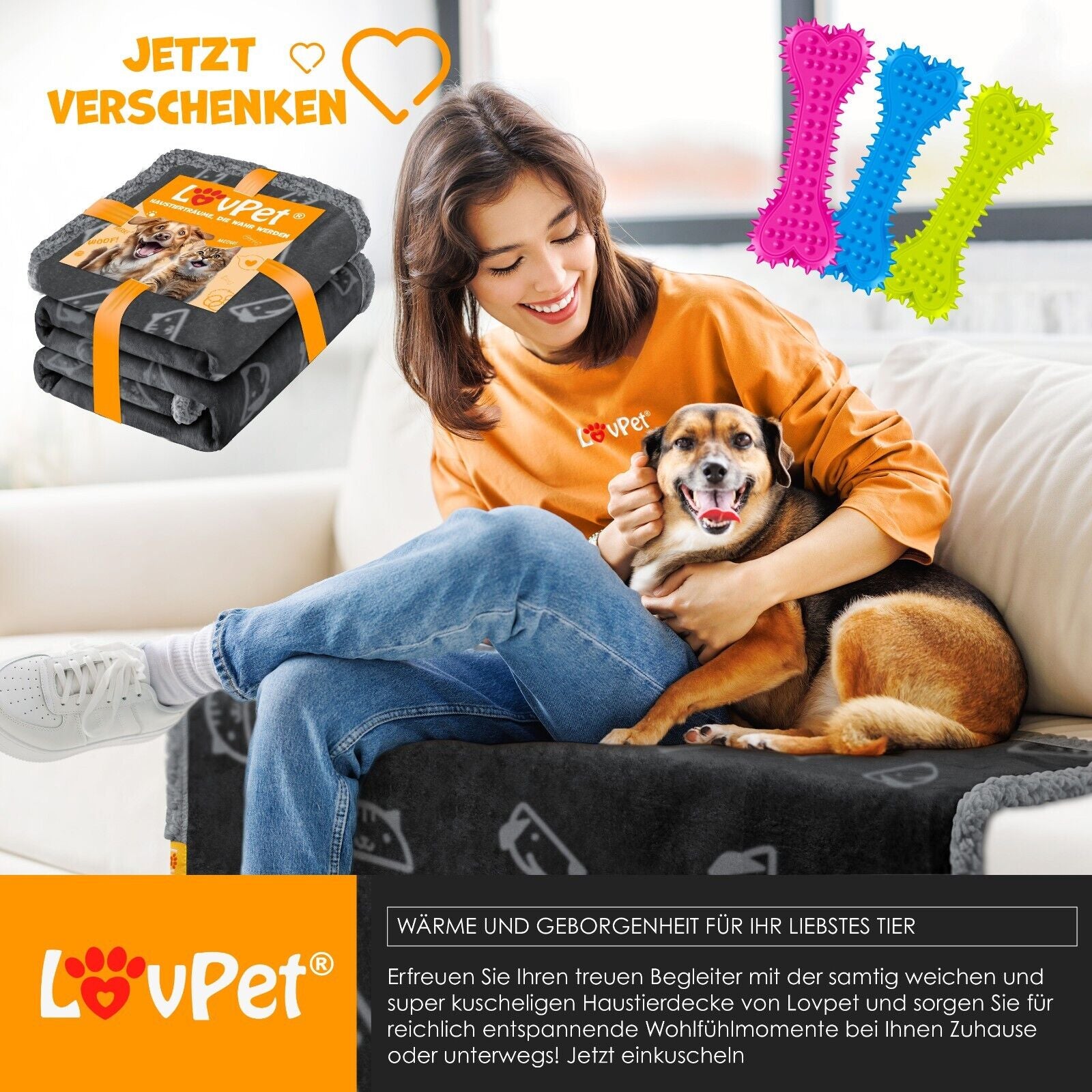 LOVPET® Waterproof Dog Blanket with Fleece Dry Bed for Pets, Accompanied by 3 Toy Bones