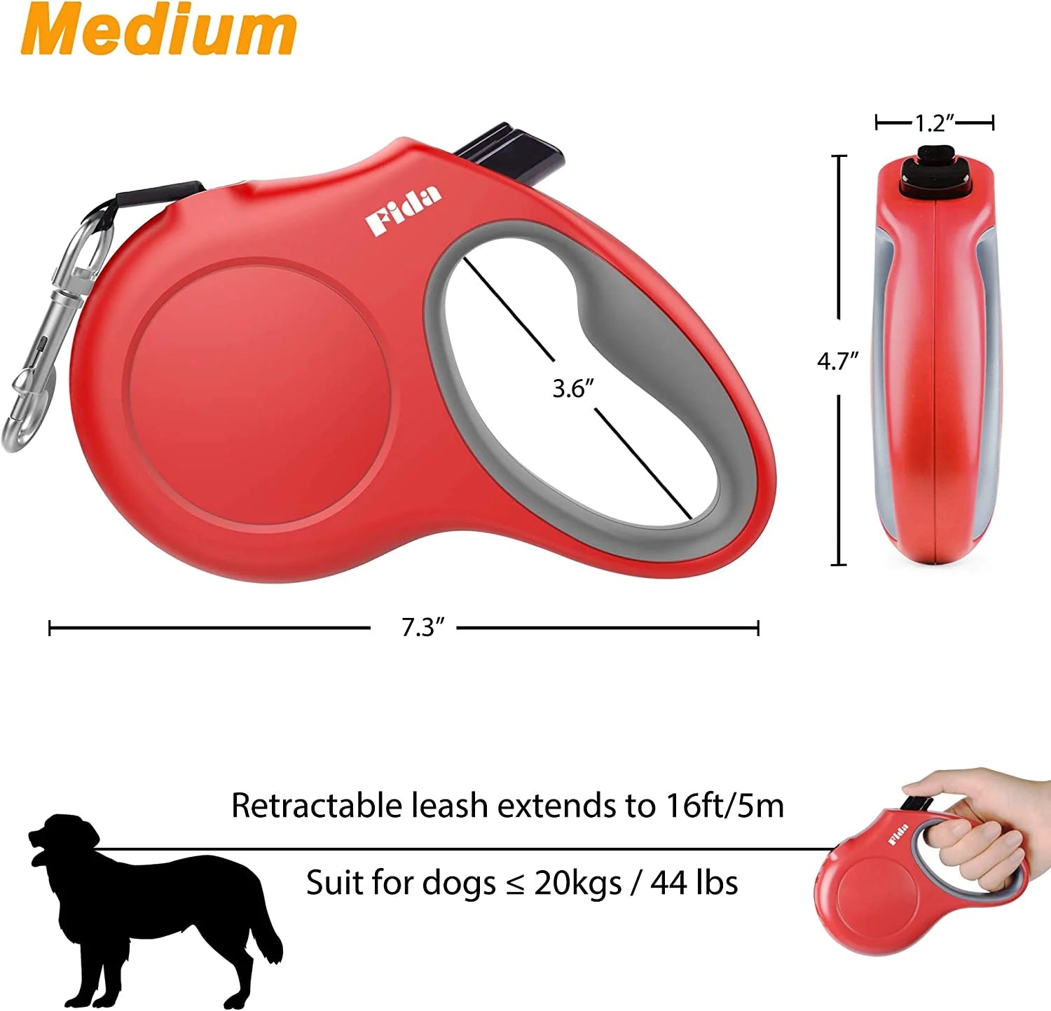 Retractable Dog Leash with Integrated Dispenser and Waste Bags, 16 Ft Durable Leash for Medium Pets up to 44 lbs, Anti-Slip Handle, Tangle-Free Design, Reflective Nylon Tape (Medium, Red)