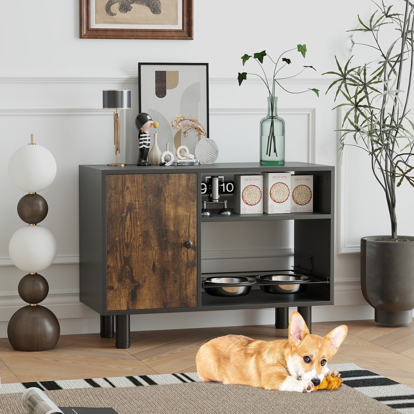Futterstation mit zwei Edelstahlnäpfen für Hundefutter und -wasser