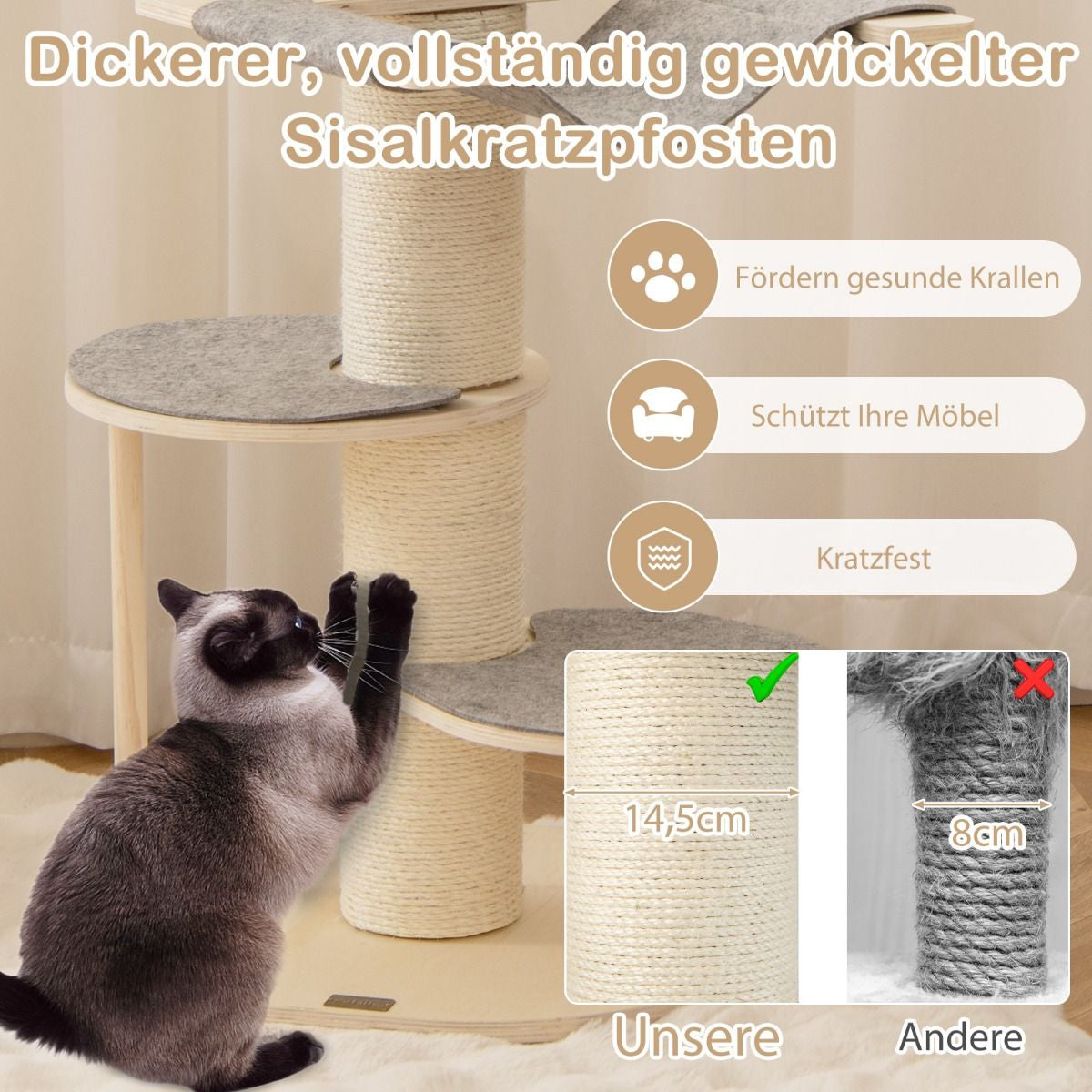 120 cm Wooden Cat Tree with Hammock, 3 Platforms, and Sisal Carpet in Grey