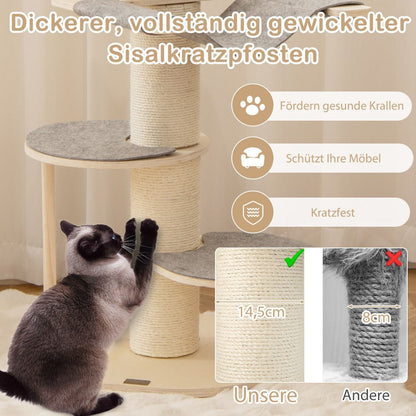 120 cm Wooden Cat Tree with Hammock, 3 Platforms, and Sisal Carpet in Grey