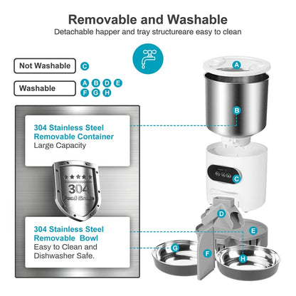 Smart App-Controlled Stainless Steel Cat and Dog Feeder - Automatic Double Meal Dispenser for Remote Feeding
