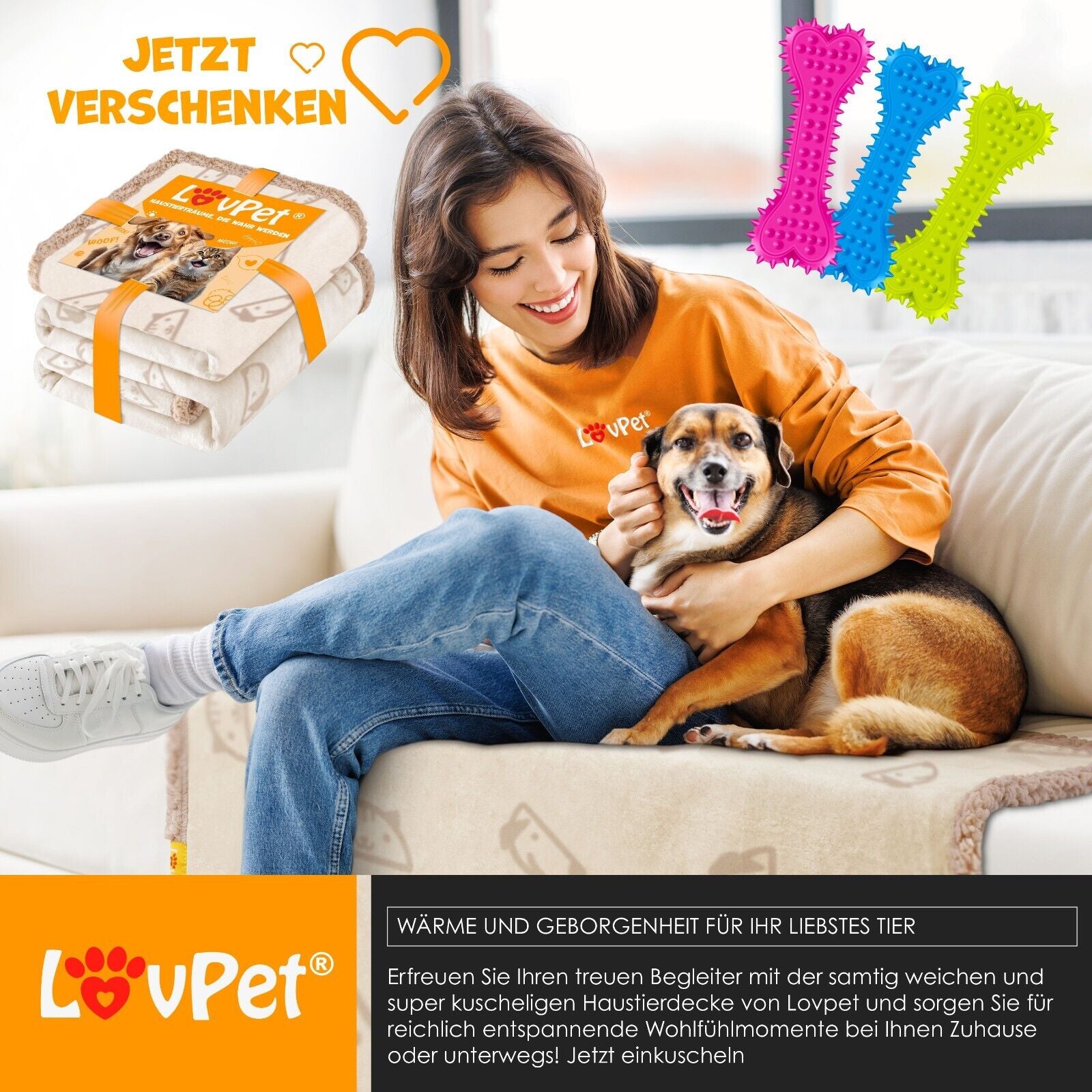 LOVPET® Waterproof Dog Blanket with Fleece Dry Bed for Pets, Accompanied by 3 Toy Bones