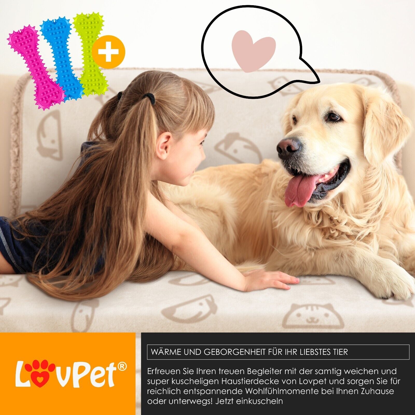 LOVPET® Waterproof Dog Blanket with Fleece Dry Bed for Pets, Accompanied by 3 Toy Bones