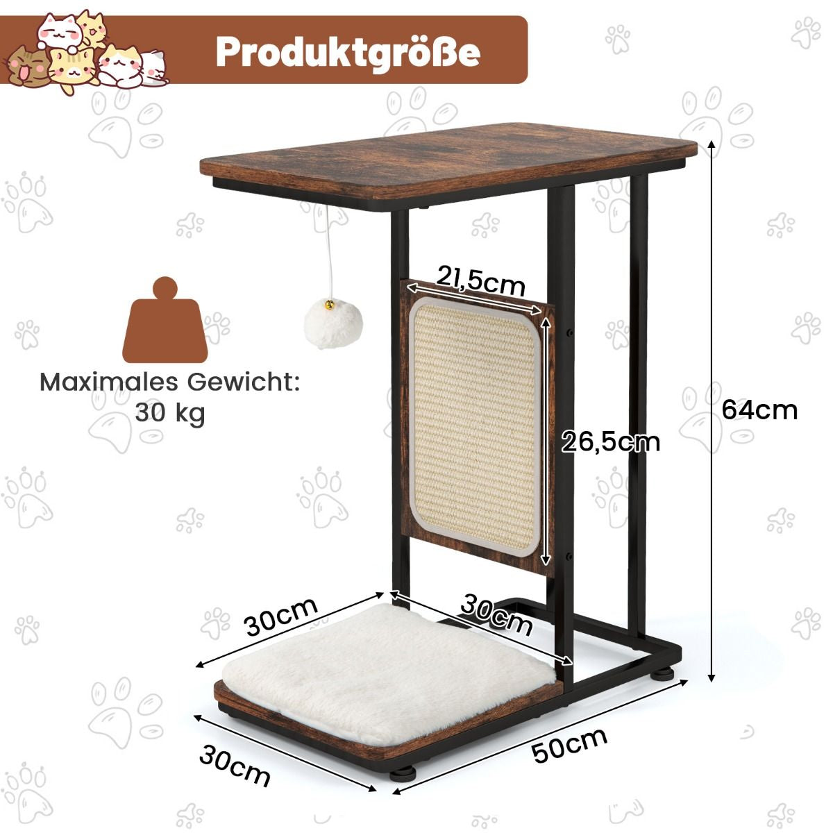 4-in-1 Cat Furniture Side Table with Sisal Scratching Board, Removable Cushion & Ball, 50 x 30 x 64 cm, Rustic Brown