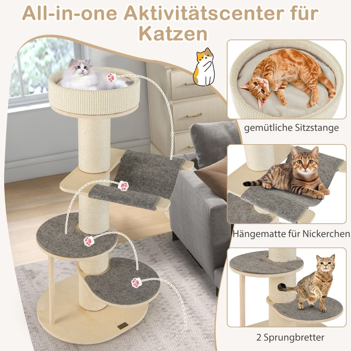 120 cm Wooden Cat Tree with Hammock, 3 Platforms, and Sisal Carpet in Grey