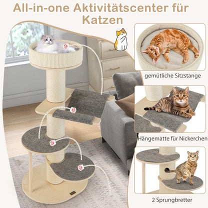 120 cm Wooden Cat Tree with Hammock, 3 Platforms, and Sisal Carpet in Grey