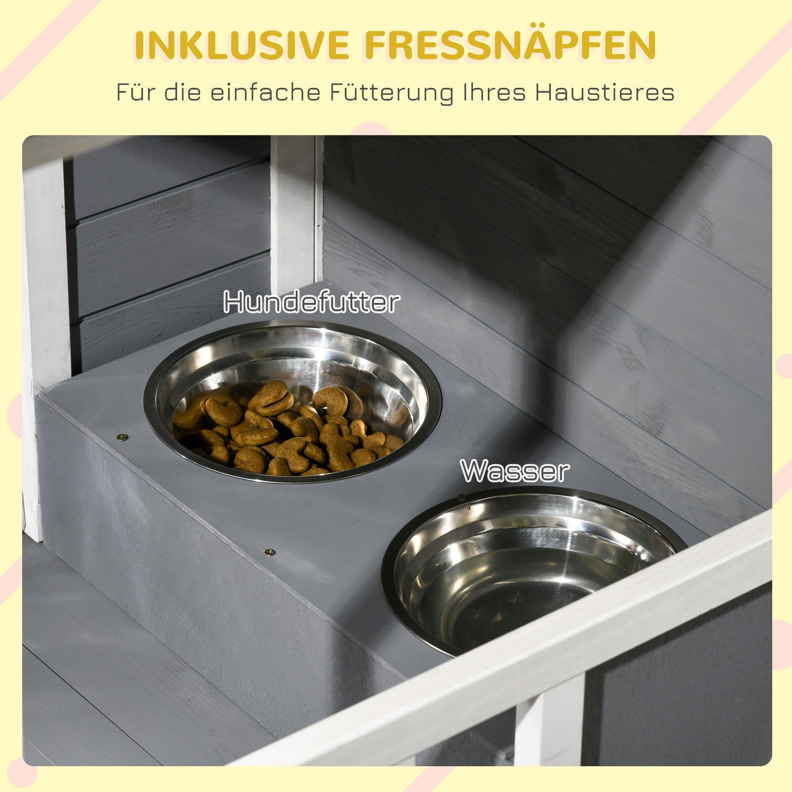 Pawhut Tannenholz-Hundehütte mit zwei Fressnapf-Schalen für Kleintiere, optimal für den Außenbereich