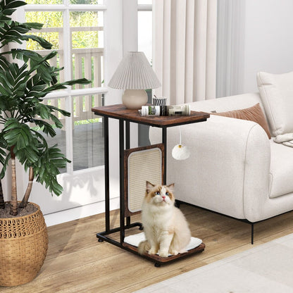 4-in-1 Cat Furniture Side Table with Sisal Scratching Board, Removable Cushion & Ball, 50 x 30 x 64 cm, Rustic Brown