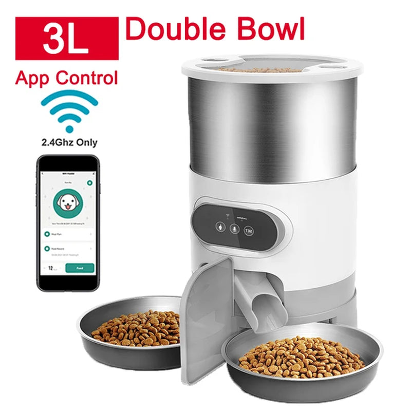 Smart App-Controlled Stainless Steel Cat and Dog Feeder - Automatic Double Meal Dispenser for Remote Feeding