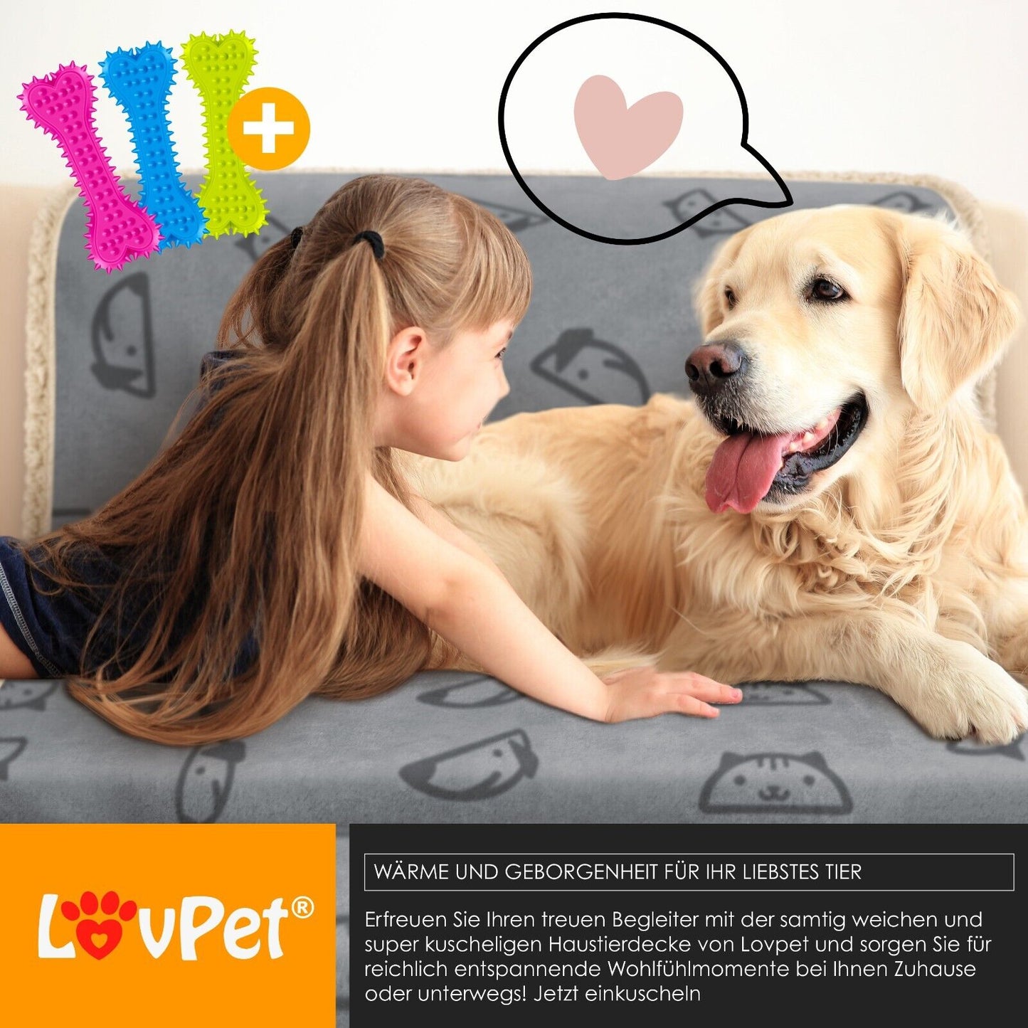 LOVPET® Waterproof Dog Blanket with Fleece Dry Bed for Pets, Accompanied by 3 Toy Bones
