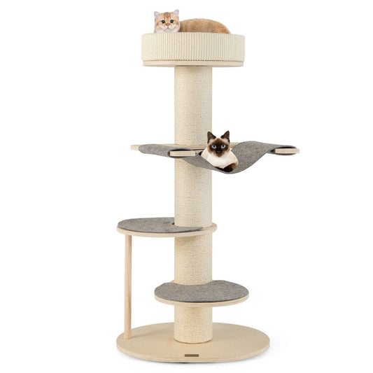 120 cm Wooden Cat Tree with Hammock, 3 Platforms, and Sisal Carpet in Grey