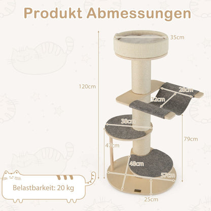 120 cm Wooden Cat Tree with Hammock, 3 Platforms, and Sisal Carpet in Grey