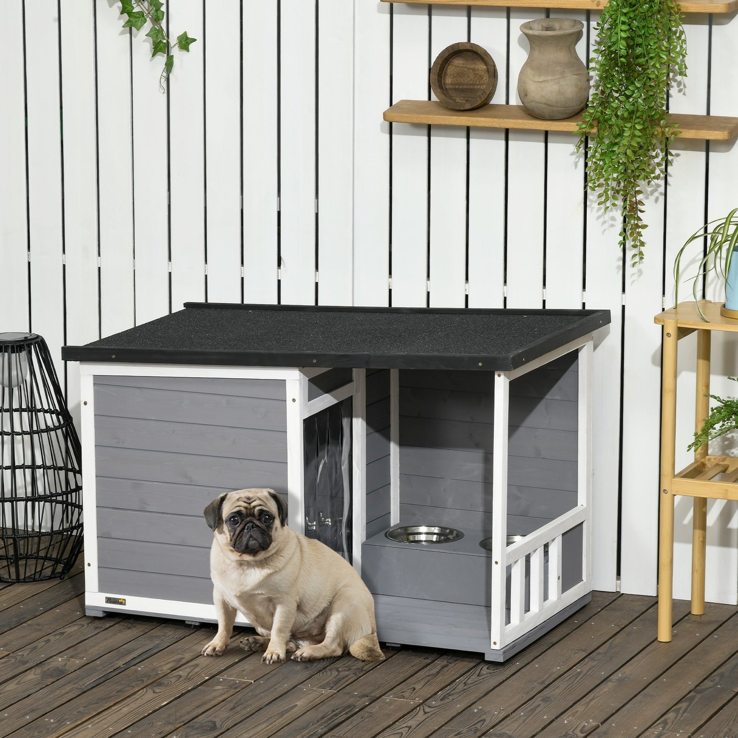 Pawhut Tannenholz-Hundehütte mit zwei Fressnapf-Schalen für Kleintiere, optimal für den Außenbereich