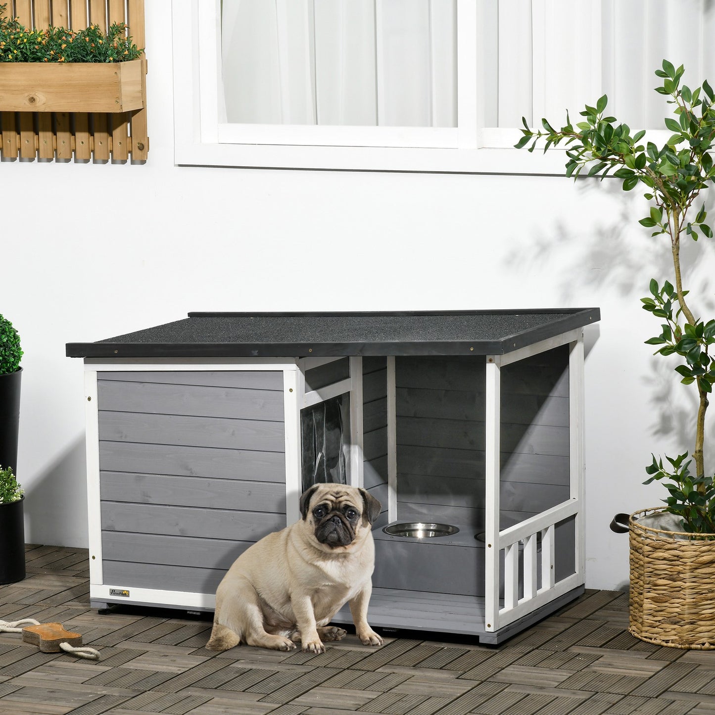 Pawhut Tannenholz-Hundehütte mit zwei Fressnapf-Schalen für Kleintiere, optimal für den Außenbereich