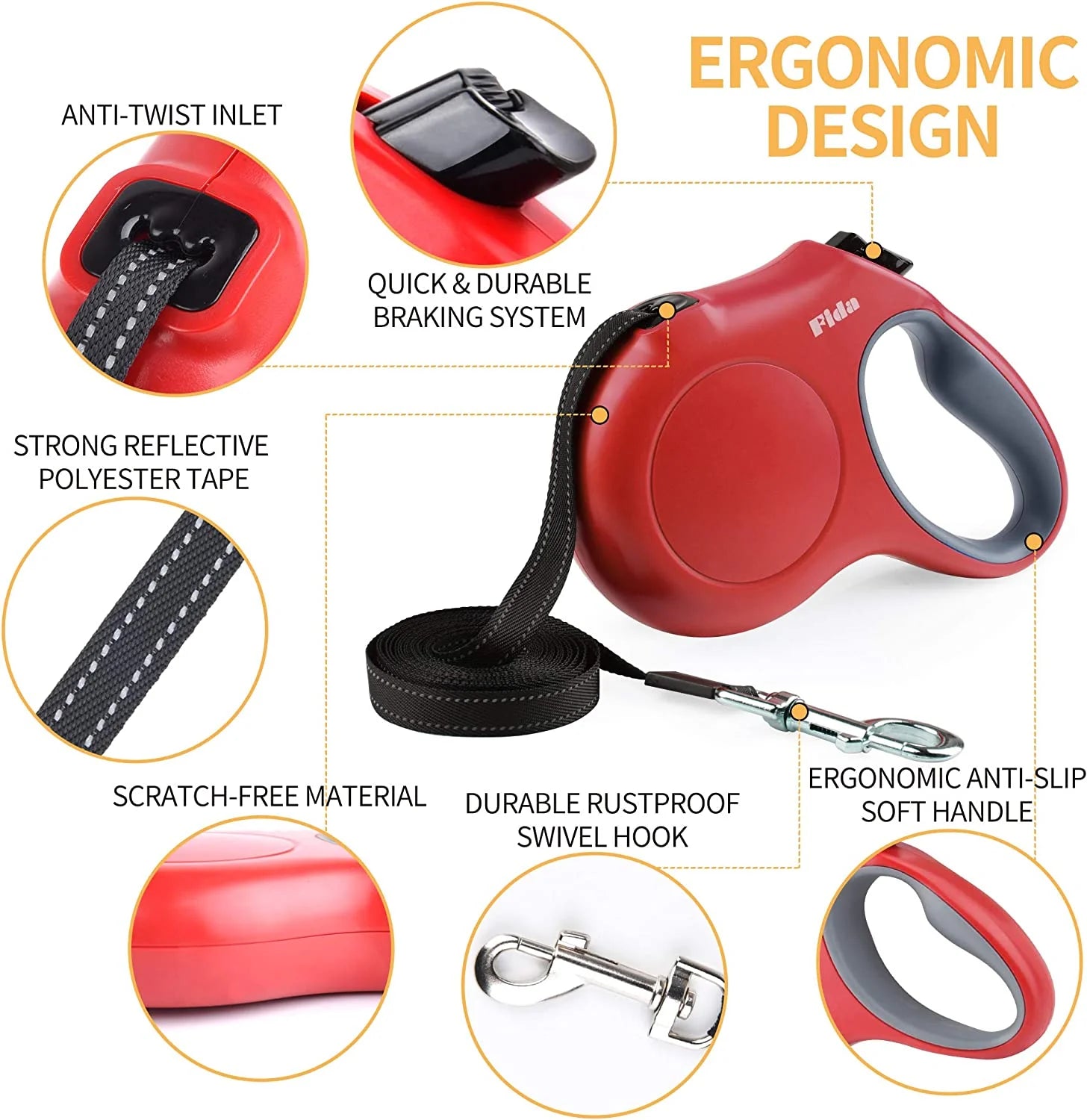 Retractable Dog Leash with Integrated Dispenser and Waste Bags, 16 Ft Durable Leash for Medium Pets up to 44 lbs, Anti-Slip Handle, Tangle-Free Design, Reflective Nylon Tape (Medium, Red)