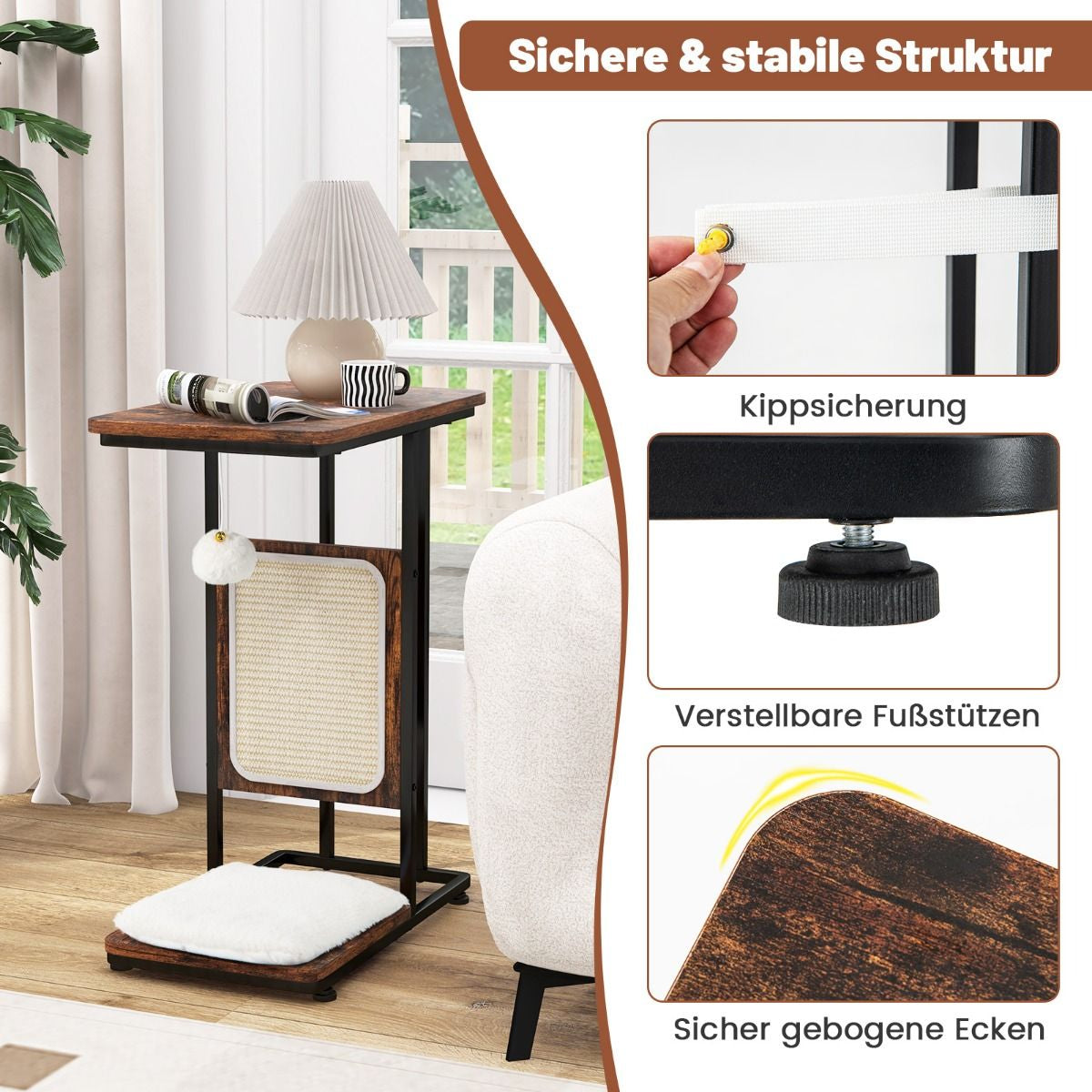 4-in-1 Cat Furniture Side Table with Sisal Scratching Board, Removable Cushion & Ball, 50 x 30 x 64 cm, Rustic Brown