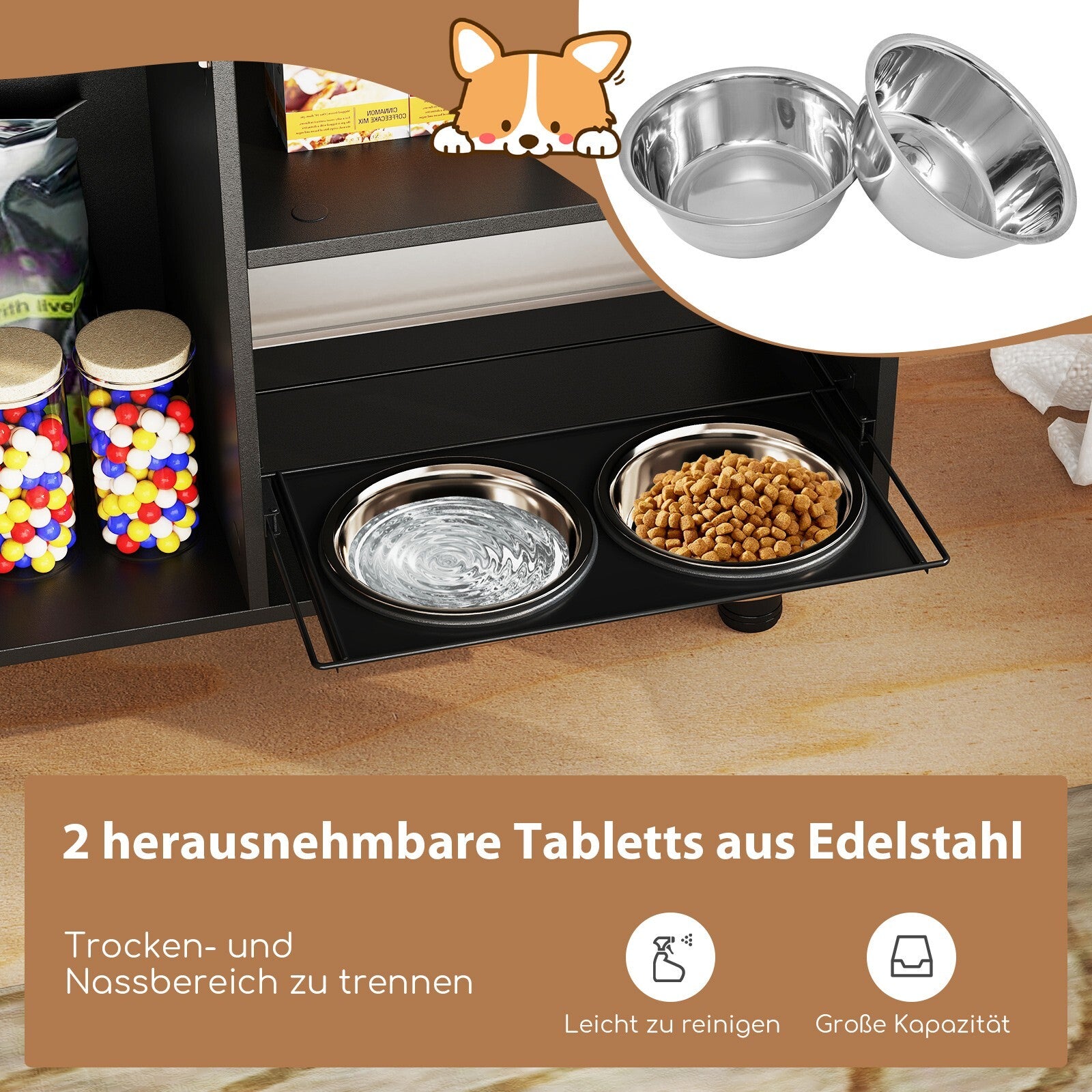 Futterstation mit zwei Edelstahlnäpfen für Hundefutter und -wasser