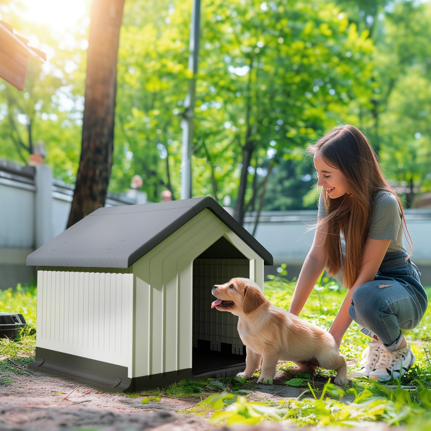 Pawhut Outdoor Hundehütte mit Asphaltdach und Fenster in Grau für Hunde