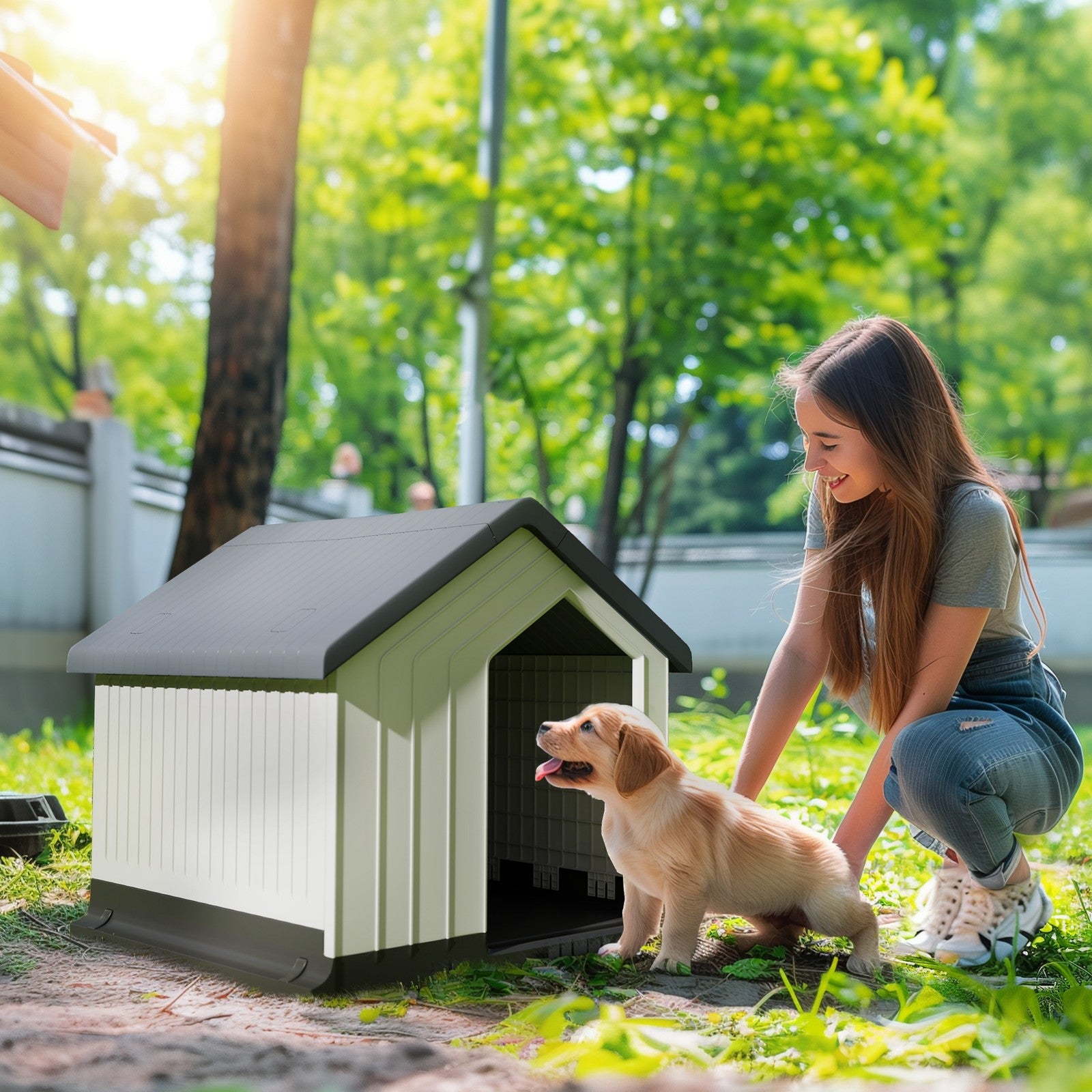 Pawhut Outdoor Hundehütte mit Asphaltdach und Fenster in Grau für Hunde