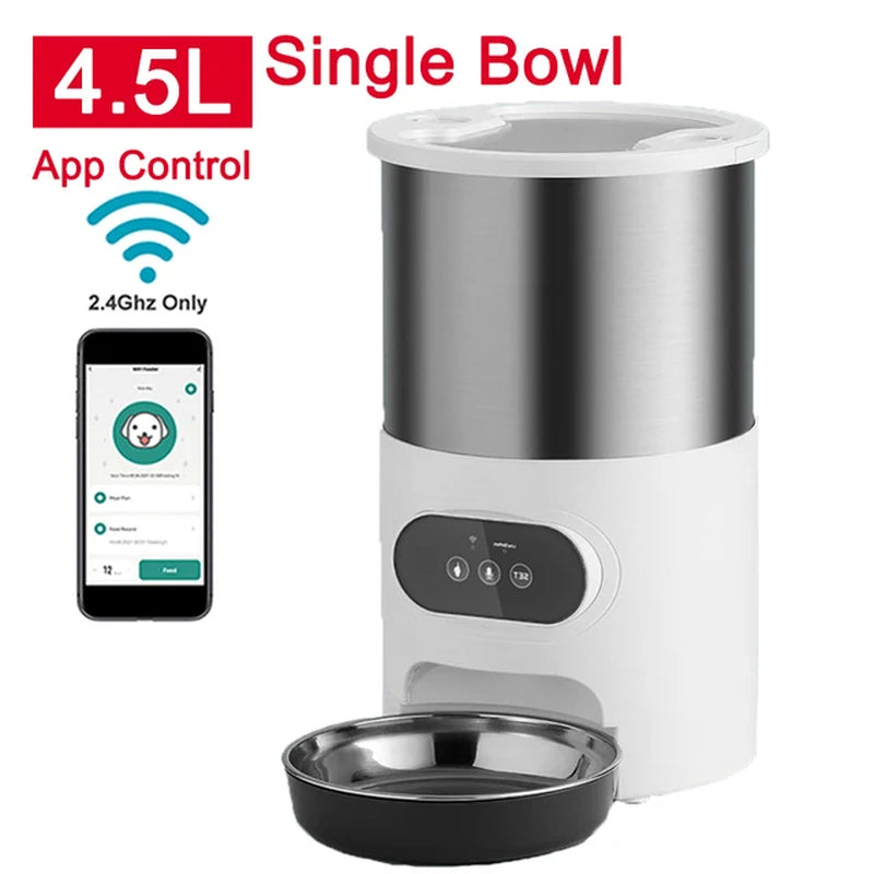 Smart App-Controlled Stainless Steel Cat and Dog Feeder - Automatic Double Meal Dispenser for Remote Feeding