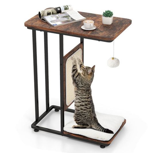 4-in-1 Cat Furniture Side Table with Sisal Scratching Board, Removable Cushion & Ball, 50 x 30 x 64 cm, Rustic Brown