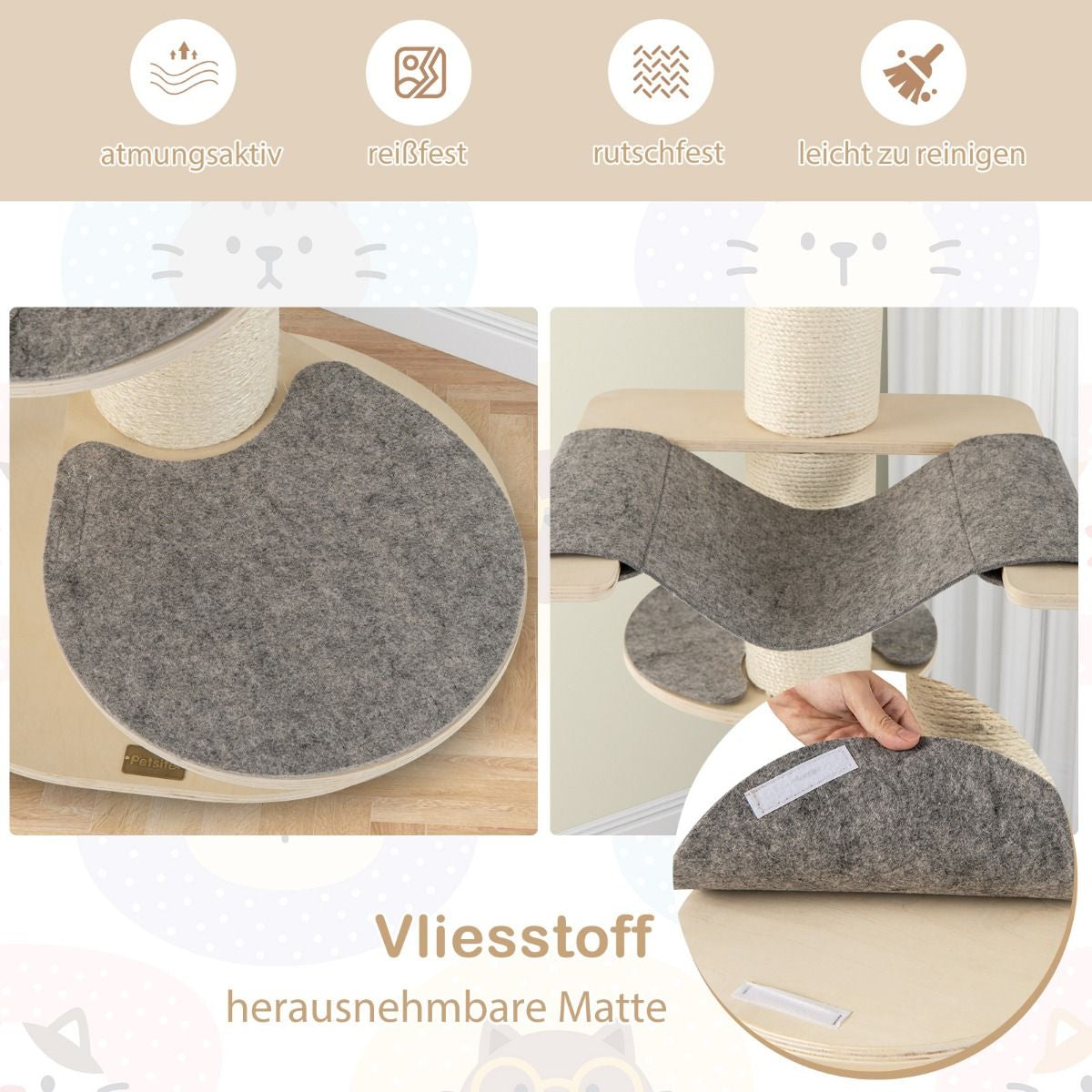 120 cm Wooden Cat Tree with Hammock, 3 Platforms, and Sisal Carpet in Grey
