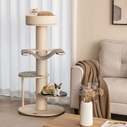 120 cm Wooden Cat Tree with Hammock, 3 Platforms, and Sisal Carpet in Grey