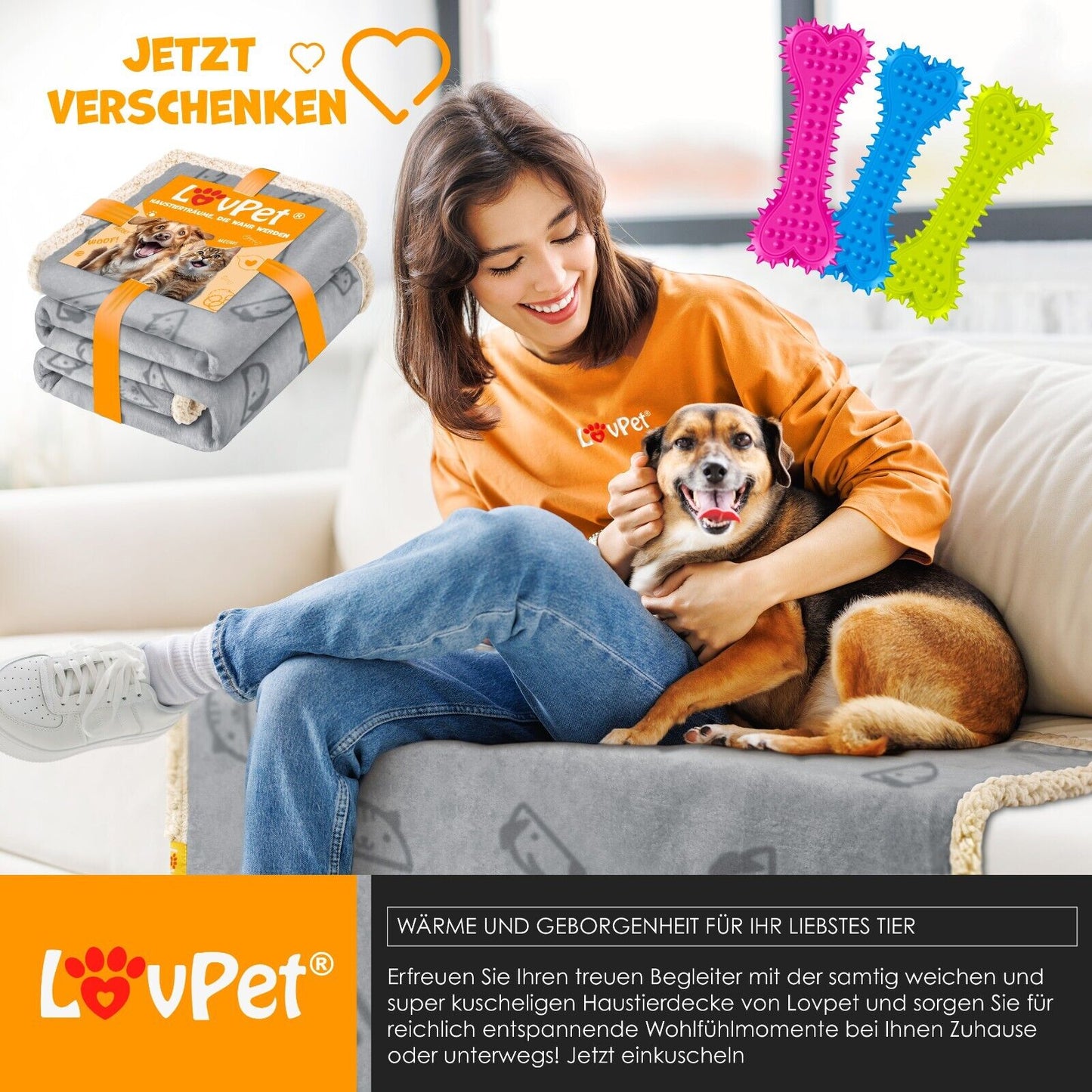 LOVPET® Waterproof Dog Blanket with Fleece Dry Bed for Pets, Accompanied by 3 Toy Bones