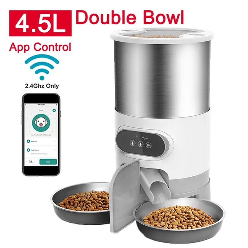 Smart App-Controlled Stainless Steel Cat and Dog Feeder - Automatic Double Meal Dispenser for Remote Feeding
