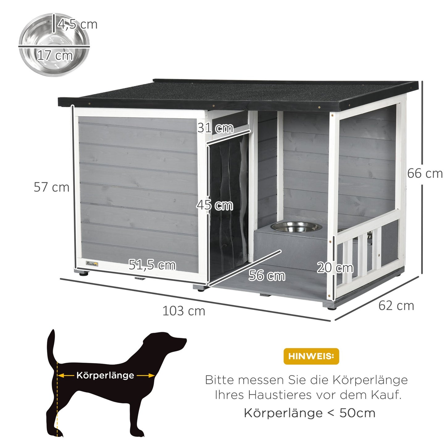 Pawhut Tannenholz-Hundehütte mit zwei Fressnapf-Schalen für Kleintiere, optimal für den Außenbereich