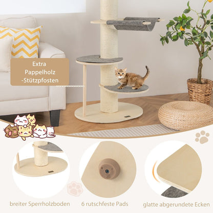 120 cm Wooden Cat Tree with Hammock, 3 Platforms, and Sisal Carpet in Grey