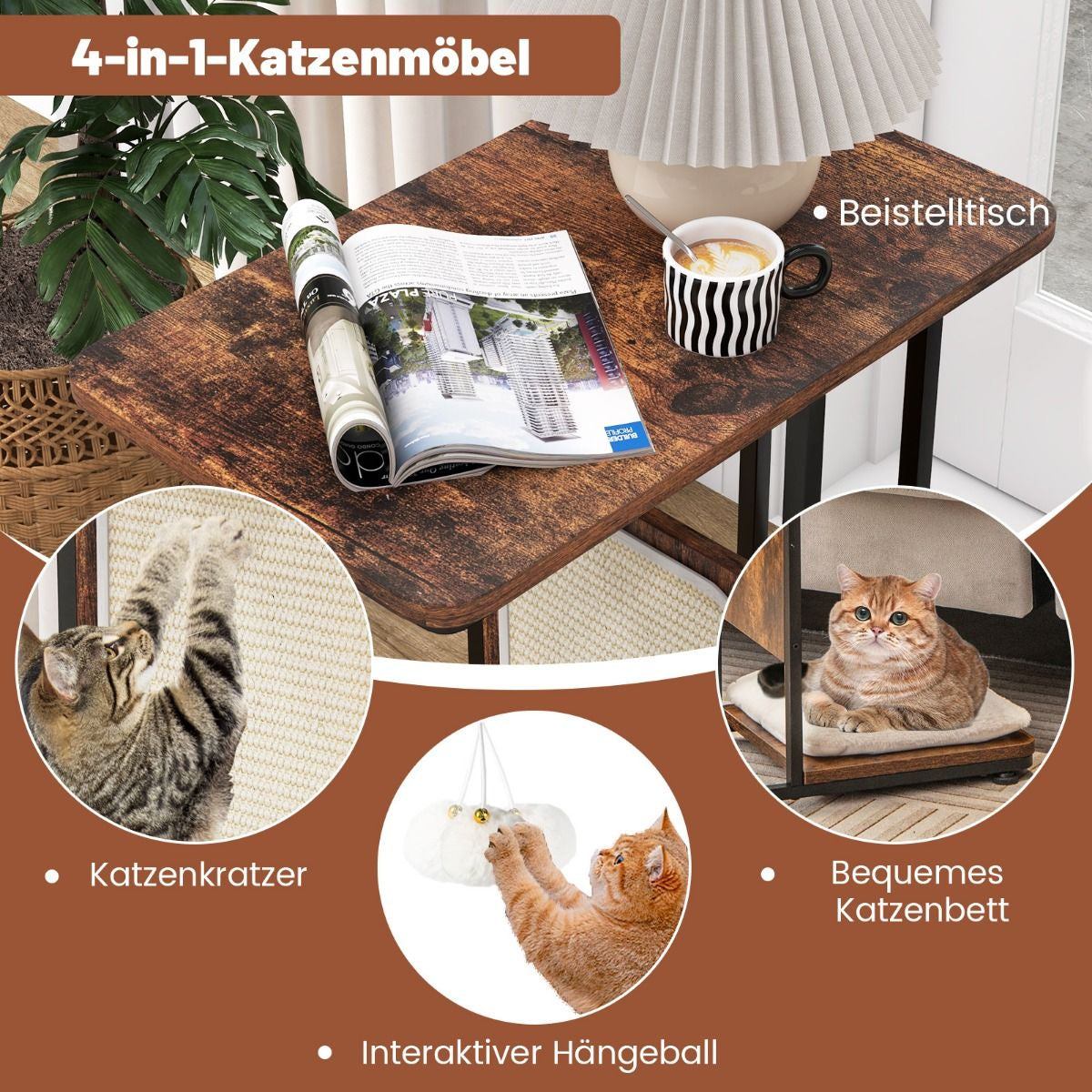 4-in-1 Cat Furniture Side Table with Sisal Scratching Board, Removable Cushion & Ball, 50 x 30 x 64 cm, Rustic Brown