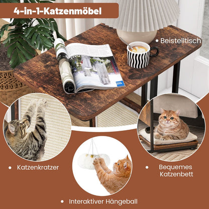 4-in-1 Cat Furniture Side Table with Sisal Scratching Board, Removable Cushion & Ball, 50 x 30 x 64 cm, Rustic Brown