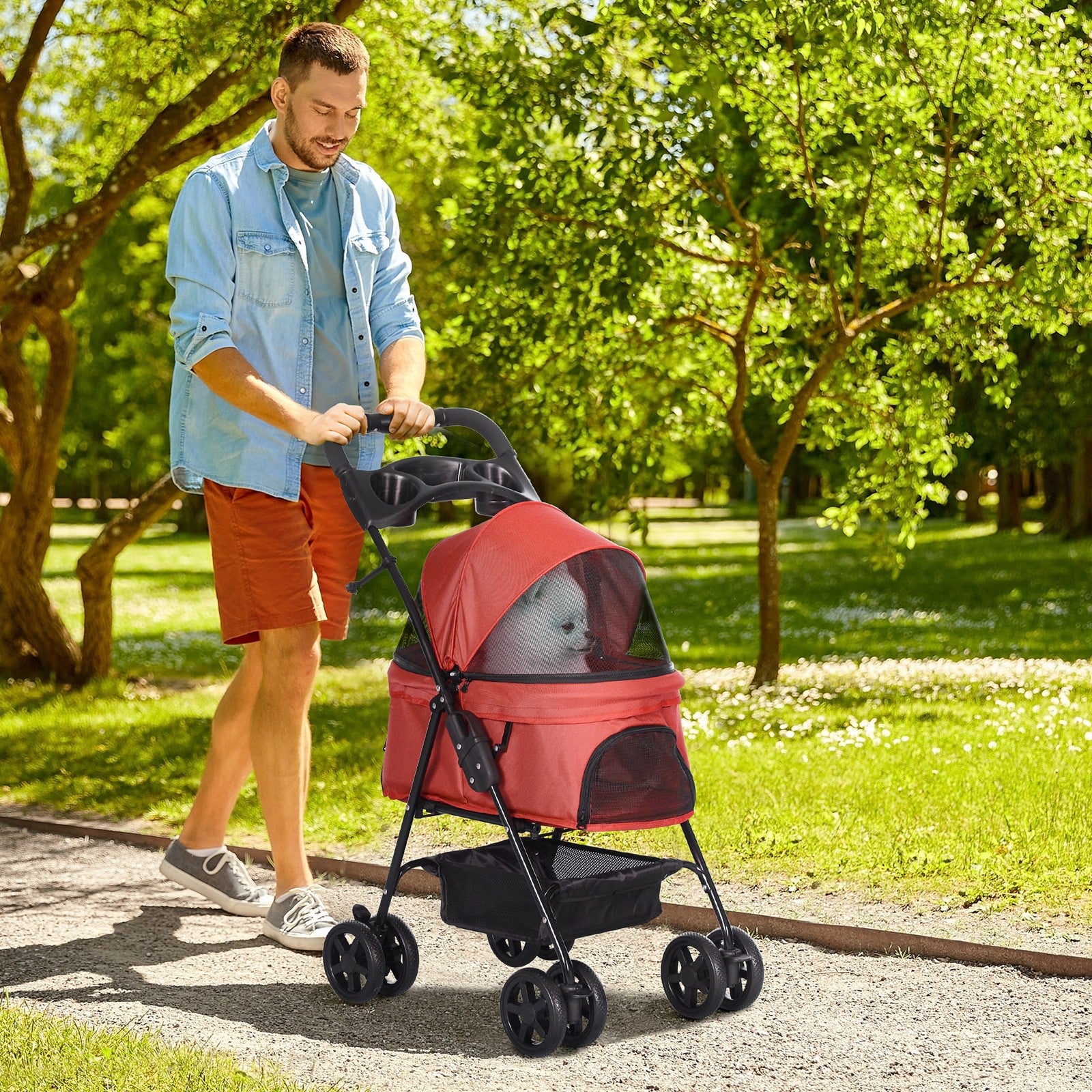 Collapsible Oxford Red Pet Stroller for Small Dogs
