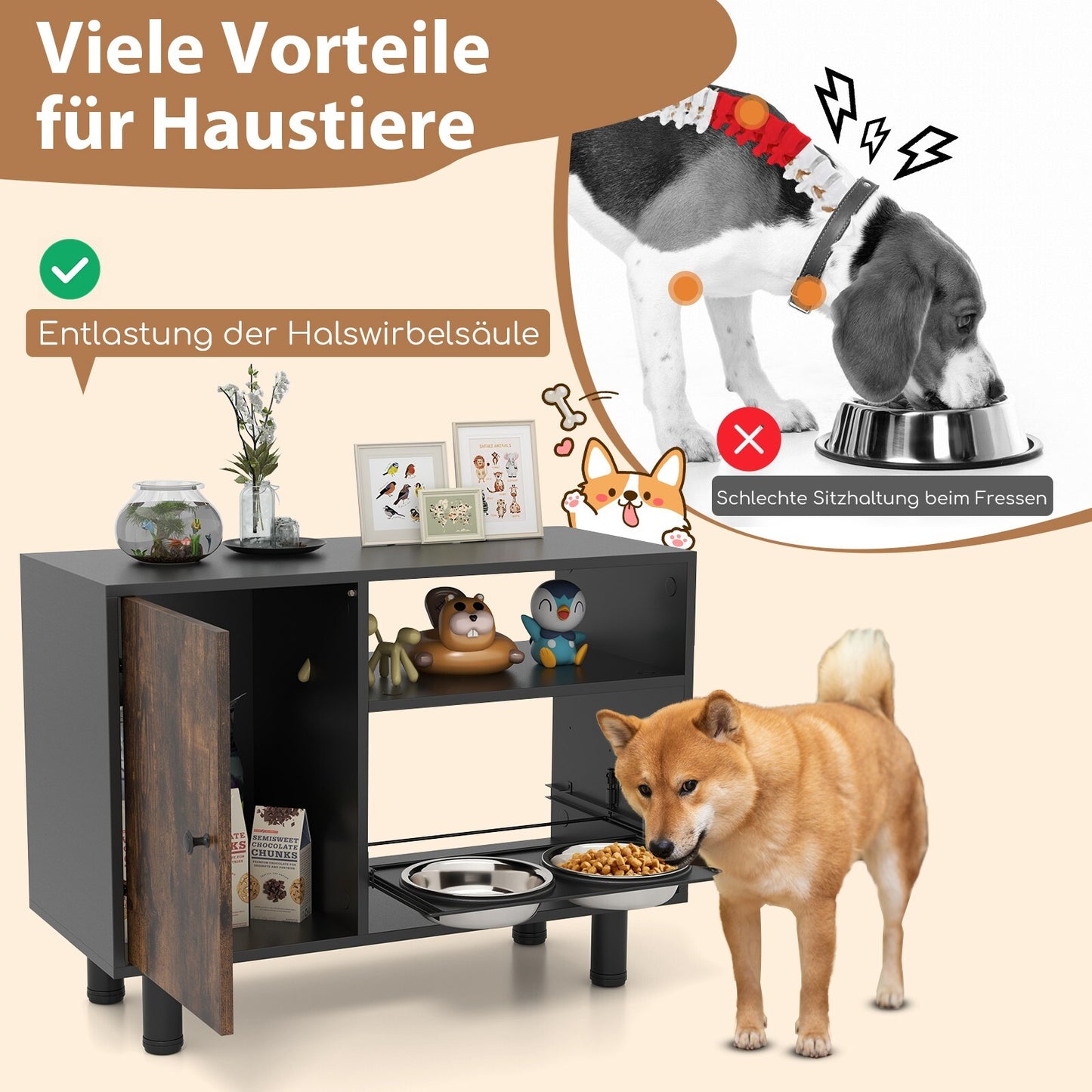 Futterstation mit zwei Edelstahlnäpfen für Hundefutter und -wasser