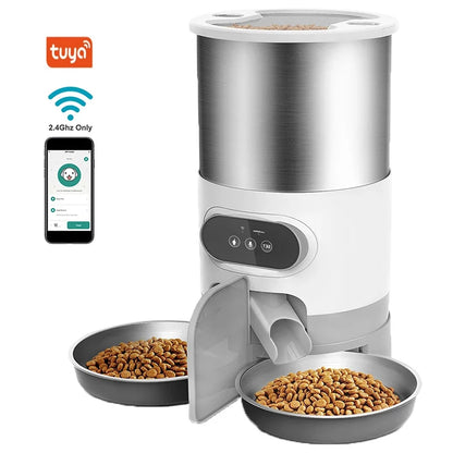 Smart App-Controlled Stainless Steel Cat and Dog Feeder - Automatic Double Meal Dispenser for Remote Feeding