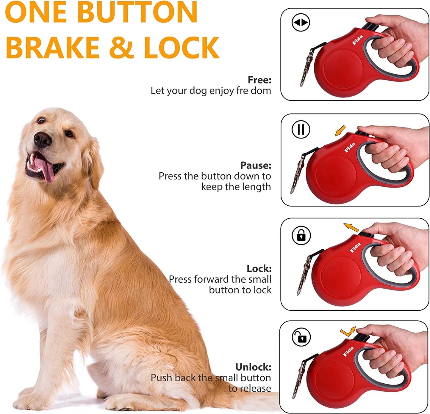Retractable Dog Leash with Integrated Dispenser and Waste Bags, 16 Ft Durable Leash for Medium Pets up to 44 lbs, Anti-Slip Handle, Tangle-Free Design, Reflective Nylon Tape (Medium, Red)