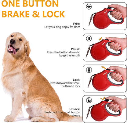 Retractable Dog Leash with Integrated Dispenser and Waste Bags, 16 Ft Durable Leash for Medium Pets up to 44 lbs, Anti-Slip Handle, Tangle-Free Design, Reflective Nylon Tape (Medium, Red)